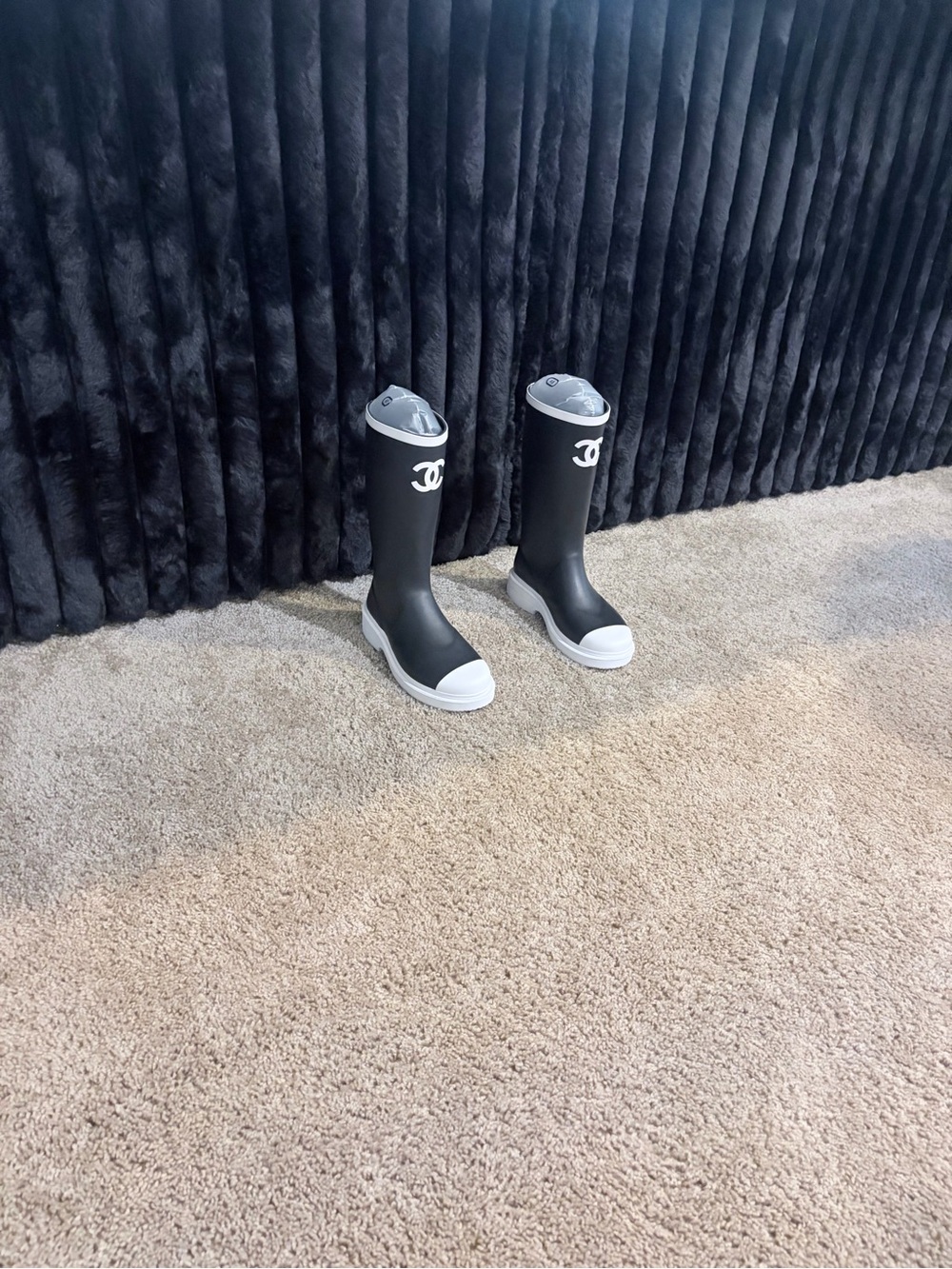 CHANEL Black and White Kids Logo Rain Boots - Picture 2 of 6